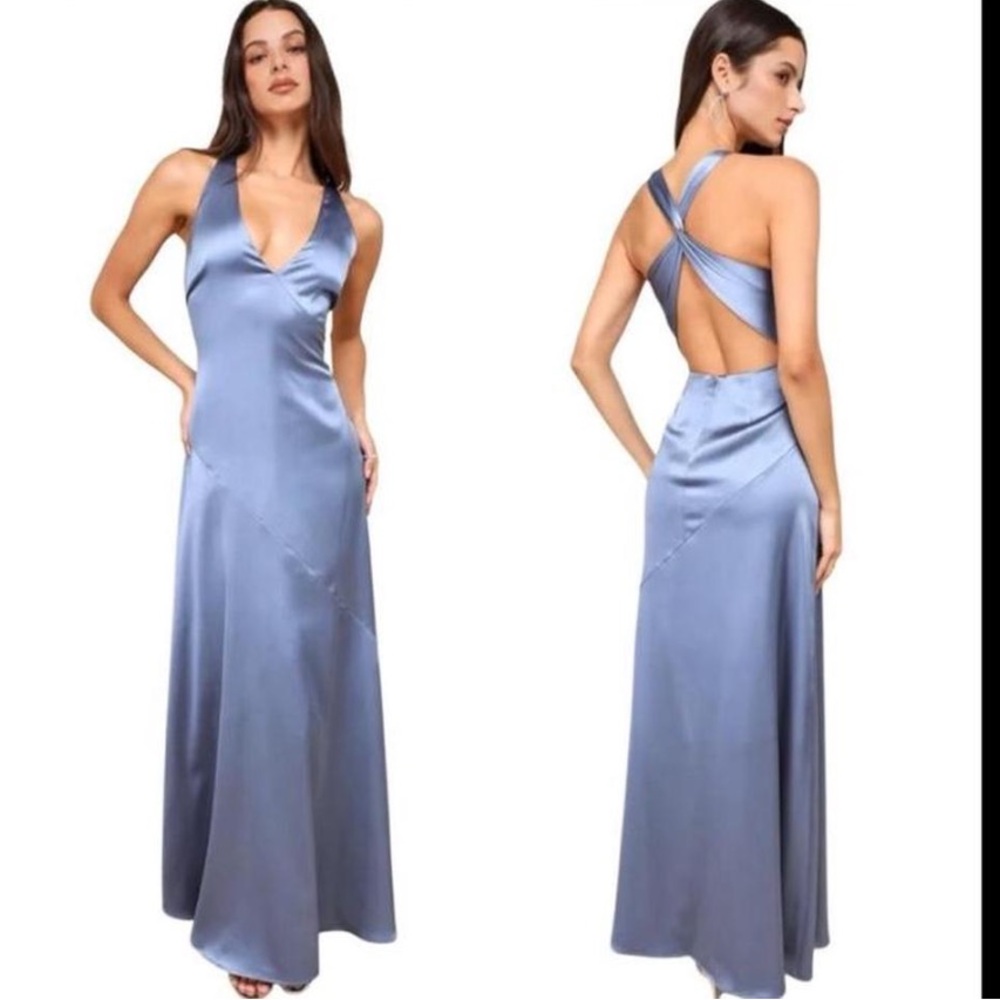 Lulu's Backless Blue Satin Dress